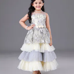 Enfance Sleeveless Floral Embroidered & Applique Detailed Full Length Layered Gown - Grey-image-21