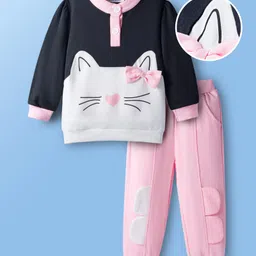Mark & Mia Cotton Full Sleeves Top & Joggers Set With Cat & Bow Applique - Pink & Black-picture-28