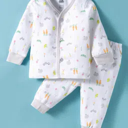 Pink Rabbit Interlock Knit Full Sleeves Co-ords Night Suit with Vegetable Print - White & Grey-picture-18