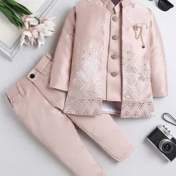 Fourfolds Woven Solid Sherwani Pant With Full Sleeves Geometric Embroidered & Sequins Embellished Jacket Set - Blush Pink-picture-12