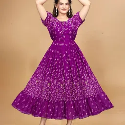 QENA Women Floral Print Puff Sleeve Ruffled Georgette Fit & Flare Midi Dress image 5