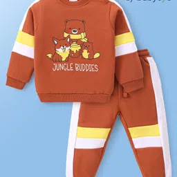 Babyoye 100% Cotton Knit Full Sleeves Winter Wear Suit With Animals Print - Brown image 2