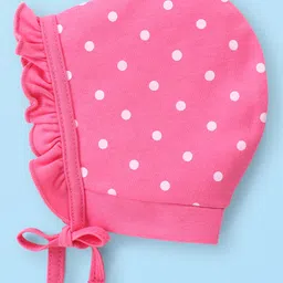 Babyhug 100% Cotton Cap with Knot Polka Dot & Bear Print Pack of 2 - Pink image 2