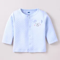 Simply Cotton Knit Full Sleeves Front Open Winter Night Suit With Bear Applique - Light Blue image 2