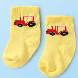 Cute Walk by Babyhug Knit Ankle Length Antibacterial Socks With Stripes & Vehicle Print Pack Of 3 - Yellow White & Navy Blue image 2