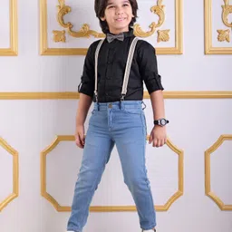 Mark & Mia Woven Full Sleeves Solid Party Shirt With Bow & Suspender Detailing - Black image 2