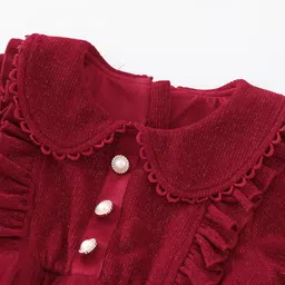 Kookie Kids Full Sleeves Shimmered Party Frock With Peter Pan Collar & Frill Detailing - Maroon image 3