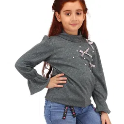 Cutecumber Full Bell Sleeves Beads Embellished Bow Applique Detailed Ribbed Top - Grey image 4