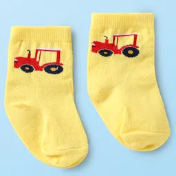 Cute Walk by Babyhug Knit Ankle Length Antibacterial Socks With Stripes & Vehicle Print Pack Of 3 - Yellow White & Navy Blue image 3