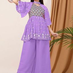 PARROT CREATION Floral Embroidered Georgette Anarkali Kurti With Sharara-picture-17