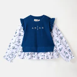 arias by lara dutta Arias Cotton Waffle Knit Full Sleeve Top with Floral Print and Embroidery - Blue image 4