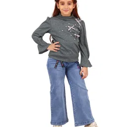 Cutecumber Full Bell Sleeves Beads Embellished Bow Applique Detailed Ribbed Top - Grey image 5