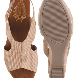 Shoetopia Ankle Strap Textured Platform Wedge Sandals - Beige image 5