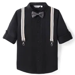 Mark & Mia Woven Full Sleeves Solid Party Shirt With Bow & Suspender Detailing - Black image 5