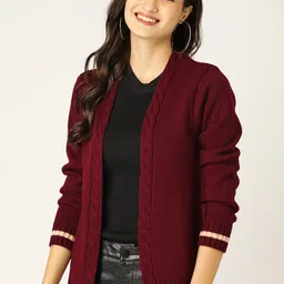 DressBerry Women Maroon Solid Open Front Sweater-picture-30
