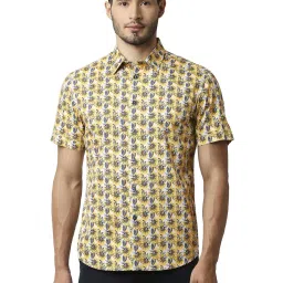 Basics Yellow Cotton Slim Fit Printed Shirt image 1