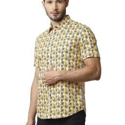 Basics Yellow Cotton Slim Fit Printed Shirt image 3