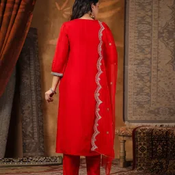 Scakhi Red Silk Regular Fit Straight Kurta Set image 2