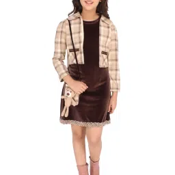 Cutecumber Kids Brown & Beige Checks Full Sleeves Dress with Shrug and Sling Bag image 4