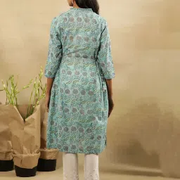 folksong W Aqua Cotton Floral Print A Line Kurta image 2