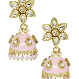 OOMPH Pink Meenakari Floral Jhumka Earrings Kundan Studded For Women image 2
