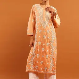 House Of Chikankari Peach Chanderi Regular Fit Kurta-picture-30
