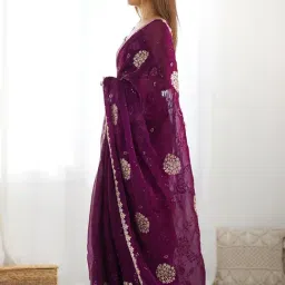 Satrani Purple Chiffon Embroidered Saree With Unstitched Blouse image 3
