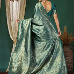 Satrani Green Silk Blend Woven Saree With Unstitched Blouse image 2