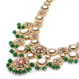 Zaveri Pearls Green Pink Stone Beads Meenakari Necklace Earring Maangtikka & Nose Ring Set image 3