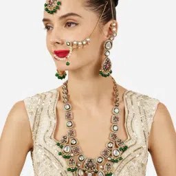Zaveri Pearls Green Pink Stone Beads Meenakari Necklace Earring Maangtikka & Nose Ring Set-image-78