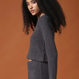 Only Grey Round Neck Self Design Crop Top image 3