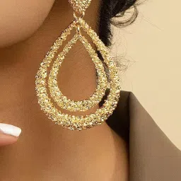 OOMPH Gold Tone Textured Double Layer TearDrop Large Party Wear Dangler Earrings image 2
