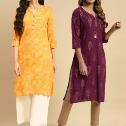Rangita Yellow & Purple Floral Print Straight Kurta - Pack OF 2-image-34
