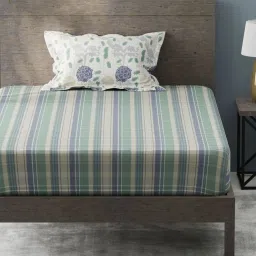KOPA Green & Blue Microfibre Checks 192 TC Single Bedsheet with 1 Pillow Cover image 2