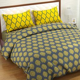 Trance Home Linen Grey & Yellow Printed Pure Cotton Queen Duvet Cover-picture-34