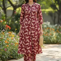 Bunkari Women Floral Printed Regular Pure Cotton Kurta with Trousers-picture-14