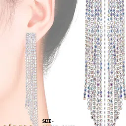 VAMA Silver-Plated Rhinestone Hanging Drop Sparkle Tassel Contemporary Drop Earrings image 4
