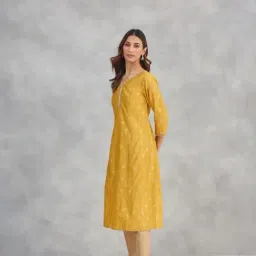 Fabindia Mustard Slim Fit Embroidered Kurta image 3