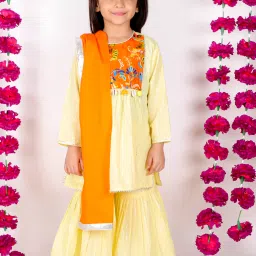 Little Bansi Kids Yellow Striped Kurta, Sharara with Dupatta image 1