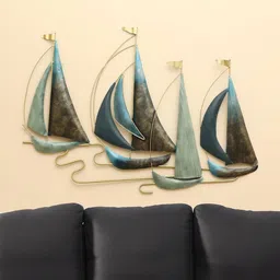 vedas Mystic Indiana Gold-Toned & Blue Textured Neptune Boat Wall Decor-picture-34