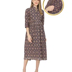 Zelena Three Fourth Sleeves All Over Printed Maternity & Nursing Dress - Blue-image-90