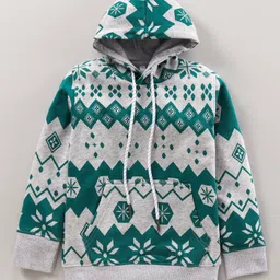 Earth Conscious Full Sleeves All Over Aztec Design Printed Hooded Fleece Sweatshirt - Green-image-25