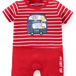 Babyhug 100% Cotton Knit Half Sleeves Striped Romper with Double Decker Bus Print - Red image 1