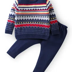 Babyhug Knitted Full Sleeves Sweater Set Ikat Design - Navy Blue-picture-28