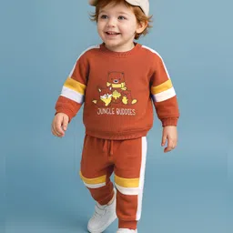 Babyoye 100% Cotton Knit Full Sleeves Winter Wear Suit With Animals Print - Brown-picture-29