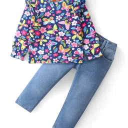 Babyhug Cotton Knit Full Sleeves Frill Detailed Floral Printed Top & Denim Jeans Set - Navy-picture-22