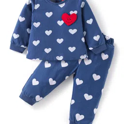 Babyhug Cotton Knit Full Sleeves Night Suit With Heart Print & Patch - Navy Blue-picture-14