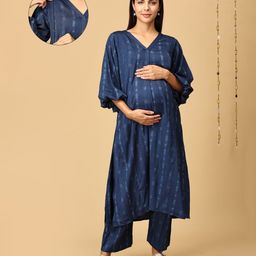 The Mom Store Cotton Three Fourth Sleeves Abstract Printed Maternity Kurta & Pant Set With Nursing Access - Navy Blue-picture-47