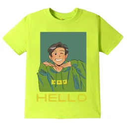 KAVEE Pure Cotton Half Sleeves Cute Boy & Hello Text Printed Bio Washed Tee - Neon Green-picture-18