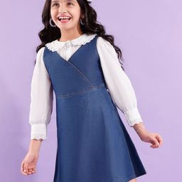 Hola Bonita Cotton Woven Half Sleeves Denim Dungaree Dress with Solid Shirt - Blue & White-picture-19